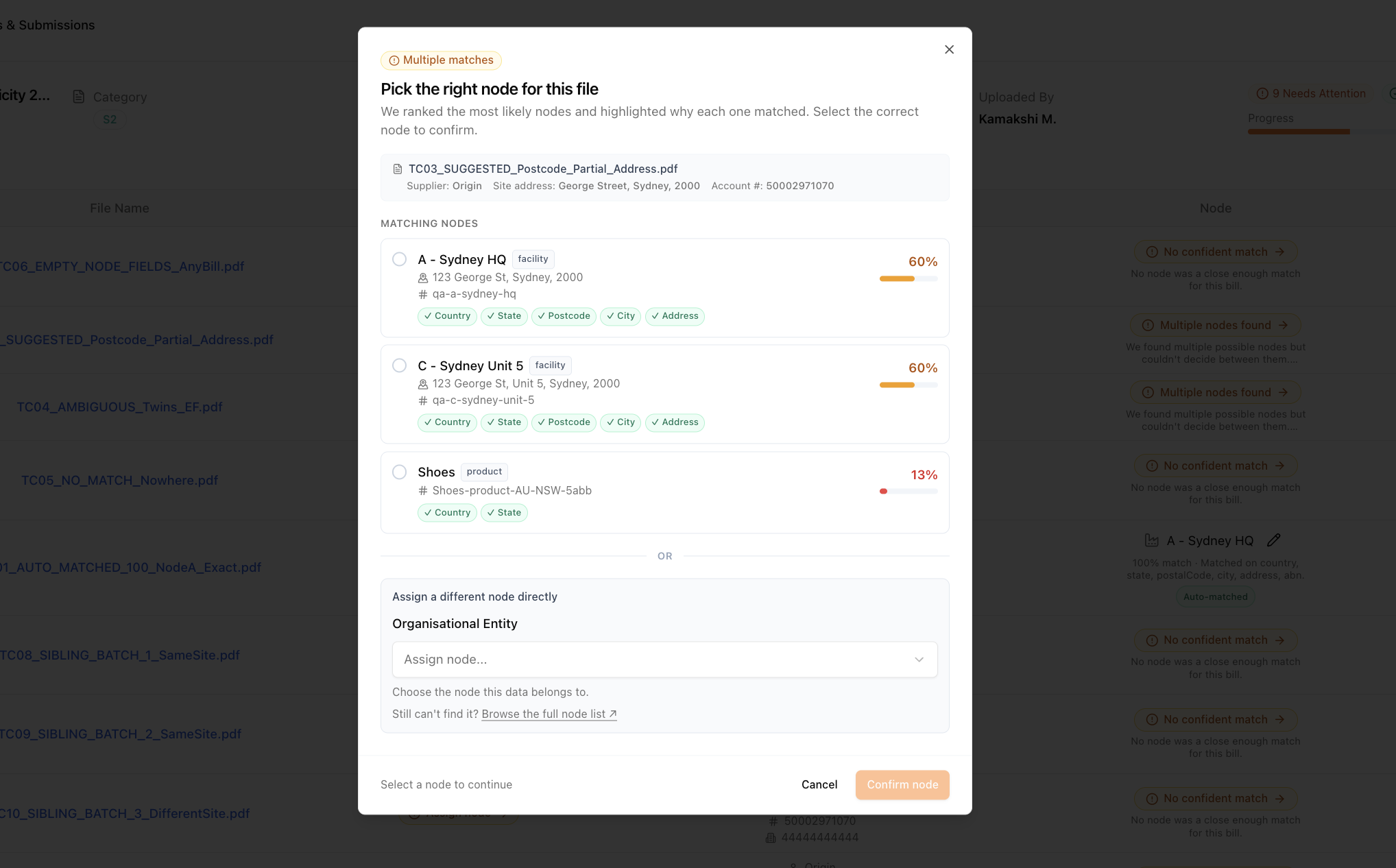 Dialog ranking candidate locations for a bill with tags showing which address fields matched