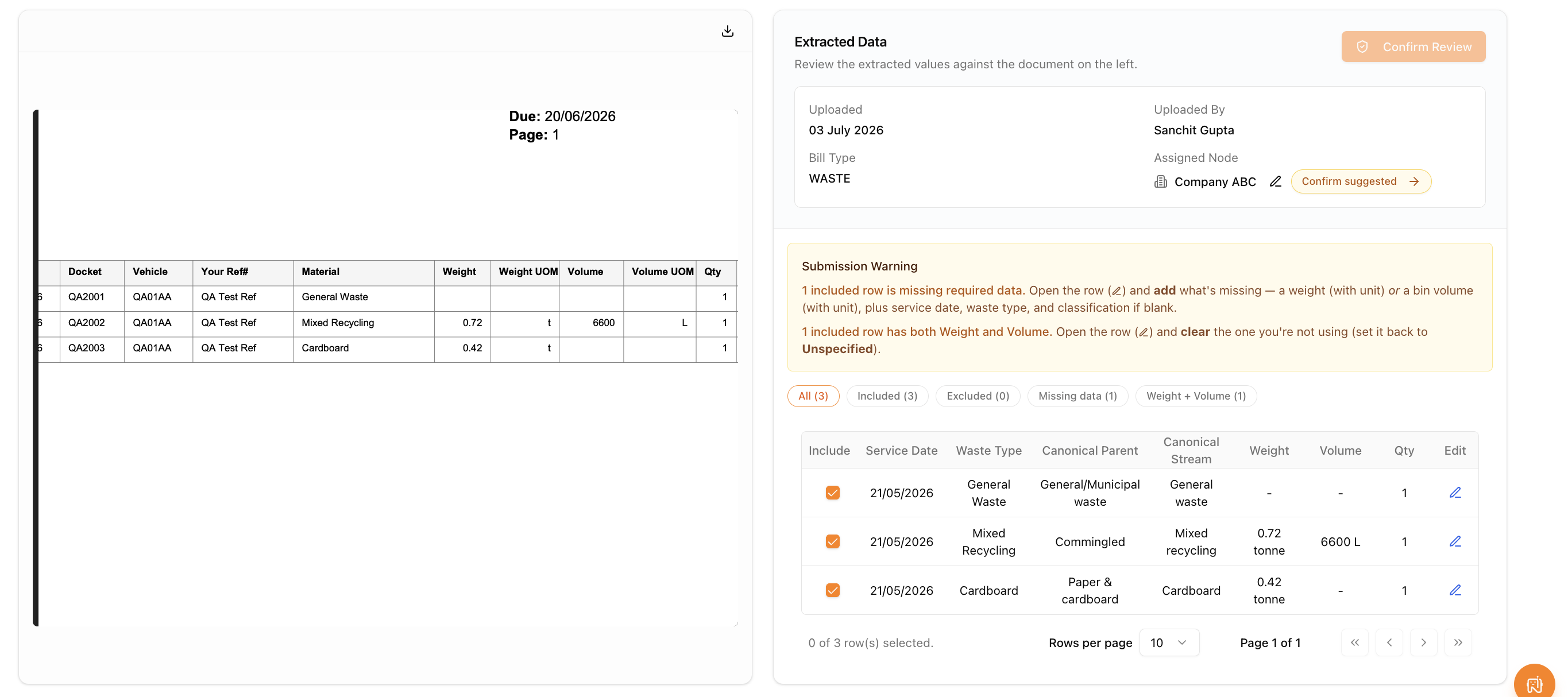 Waste bill review with a single submission warning and filter pills grouping rows by problem type