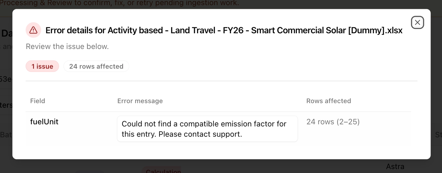 Error details dialog reporting one issue affecting 24 rows with the field, message and affected range