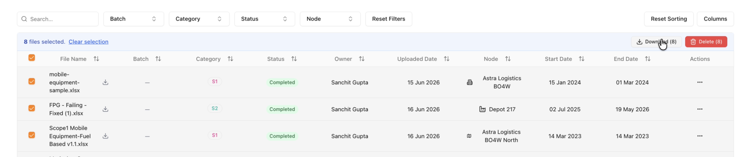 File table with eight files selected and a bulk Download action in the toolbar