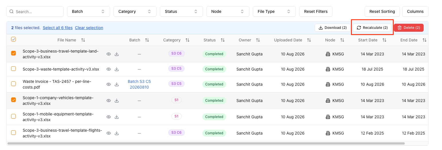 File list with two files selected and the Recalculate action in the toolbar beside download and delete