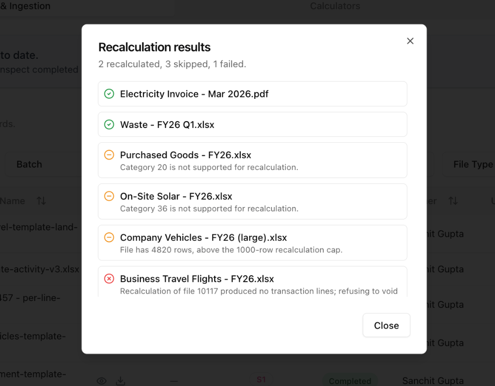 Recalculation results dialog reporting files recalculated, skipped with reasons, and one failed with previous numbers kept