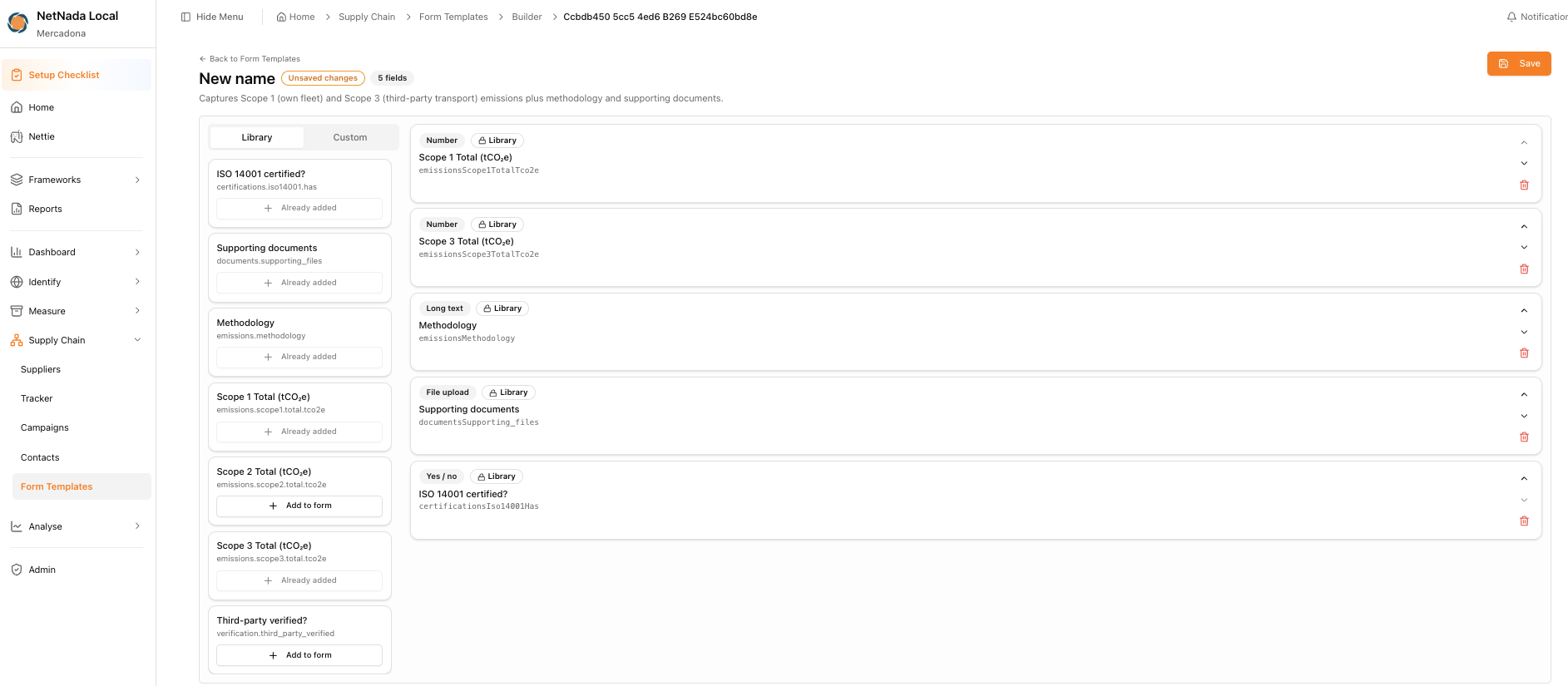 Form builder assembling supplier questions from a reusable field library