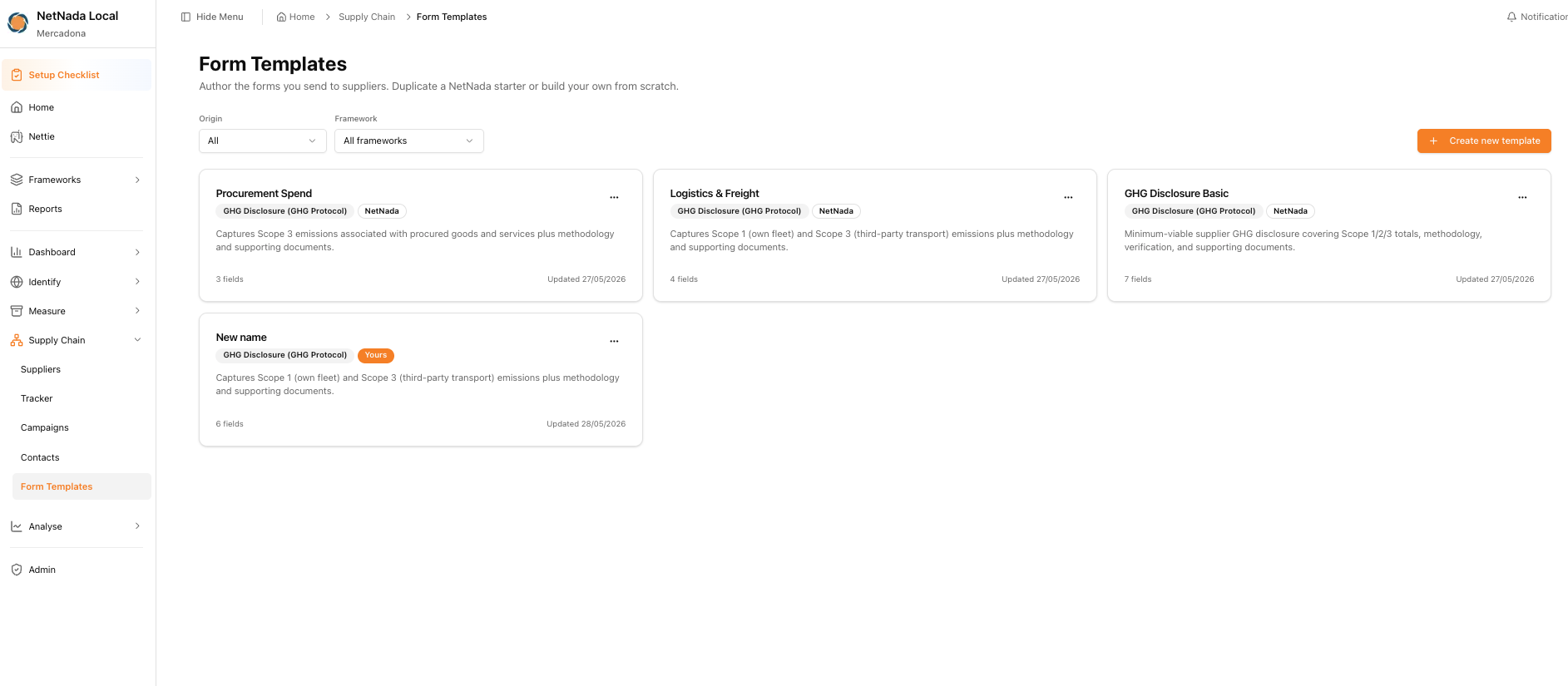 Form templates screen showing ready-made starters alongside a custom template