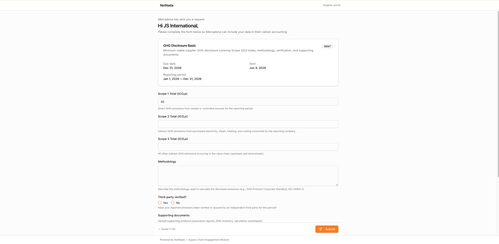 Supplier portal form requesting scope totals, methodology and supporting documents