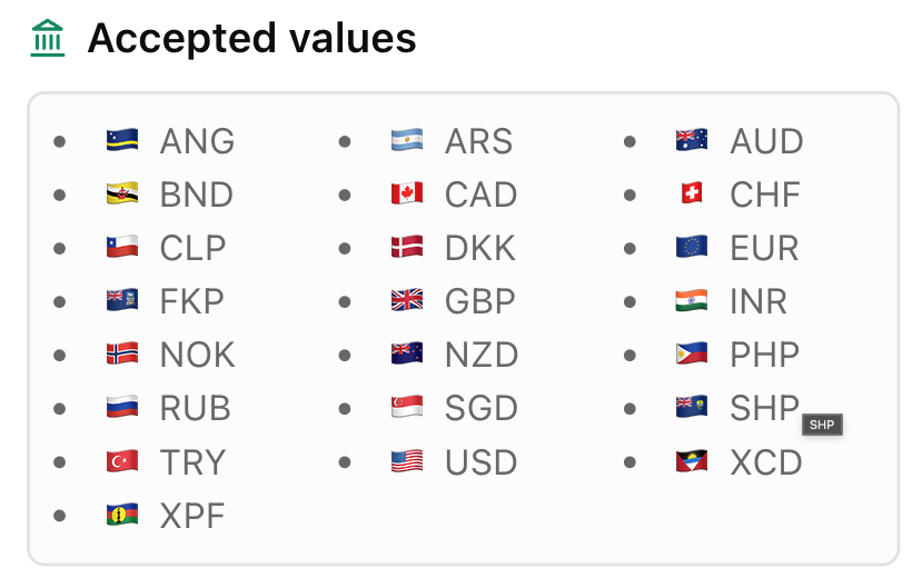 Accepted values panel listing the supported currencies